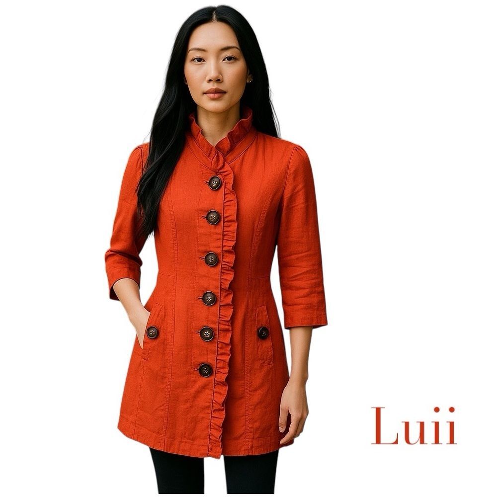 Luii Orange Pure Linen Ruffle Jacket NWOT Size S Coastal Grandma